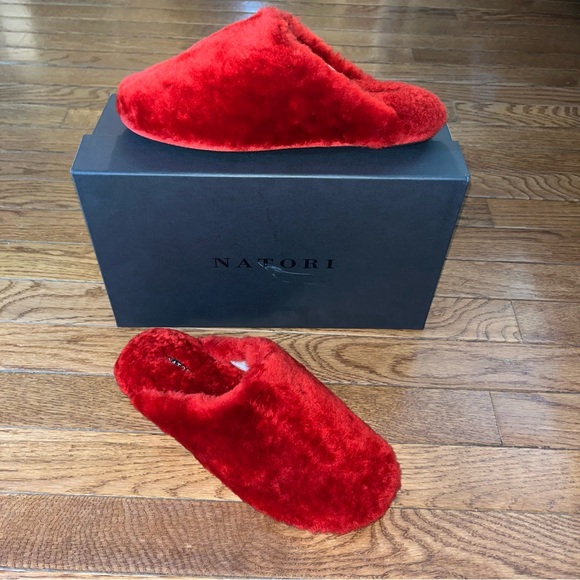 Natori Bliss Genuine Shearling Slippers Brocade Red Women’s Size 8 Super Soft - Picture 1 of 7